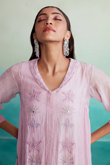The Right Cut_Pink Chanderi, Cotton Embroidery Collared Blushine Dress _at_Aza_Fashions