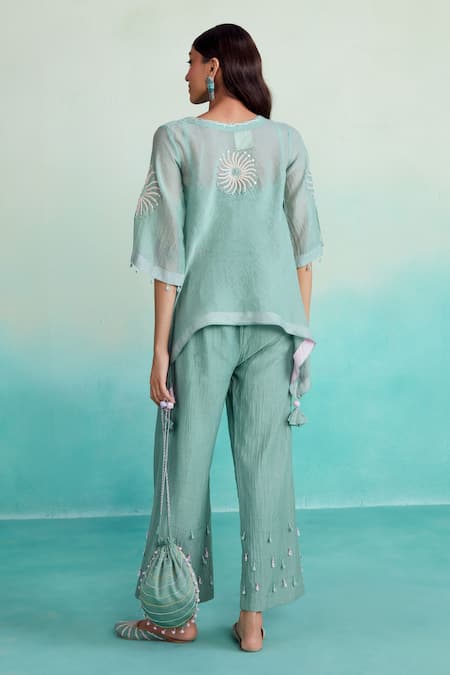 Shop The Right Cut Blue Chanderi, Linen Tassels Mintylicious Embroidered Top And Trouser Co-ord Set at Aza Fashions Shop_The Right Cut_Blue Chanderi, Linen Tassels Mintylicious Embroidered Top And Trouser Co-ord Set _at_Aza_Fashions