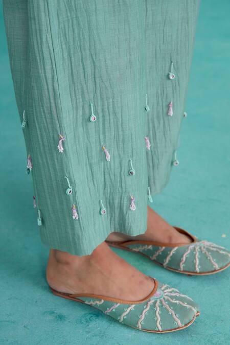 Shop The Right Cut Blue Chanderi, Linen Tassels Mintylicious Embroidered Top And Trouser Co-ord Set Online at Aza Fashions Shop_The Right Cut_Blue Chanderi, Linen Tassels Mintylicious Embroidered Top And Trouser Co-ord Set _Online_at_Aza_Fashions