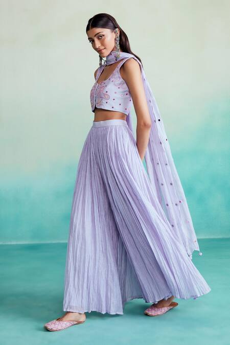 The Right Cut Purple Chanderi, Linen Embroidery, Mirrors, Tassels Luminova Sharara Set Online at Aza Fashions The Right Cut_Purple Chanderi, Linen Embroidery, Mirrors, Tassels Luminova Sharara Set _Online_at_Aza_Fashions