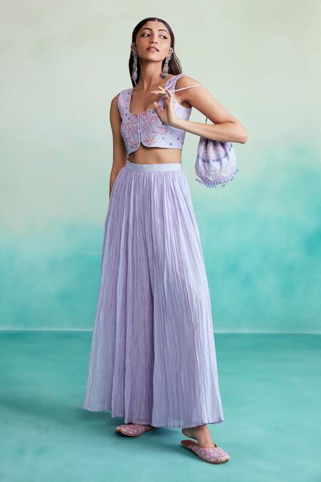 Shop The Right Cut Purple Chanderi, Linen Embroidery, Mirrors, Tassels Luminova Sharara Set Online at Aza Fashions Shop_The Right Cut_Purple Chanderi, Linen Embroidery, Mirrors, Tassels Luminova Sharara Set _Online_at_Aza_Fashions