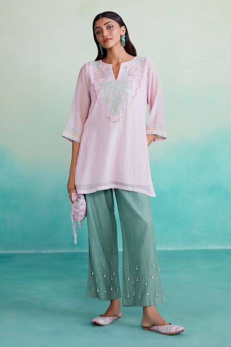 The Right Cut Pink Chanderi Embroidery Split V-neck Roseglow Kurta And Trouser Set 