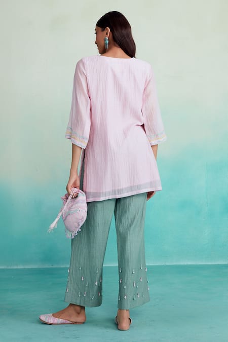 Shop The Right Cut Pink Chanderi Embroidery Split V-neck Roseglow Kurta And Trouser Set at Aza Fashions Shop_The Right Cut_Pink Chanderi Embroidery Split V-neck Roseglow Kurta And Trouser Set _at_Aza_Fashions