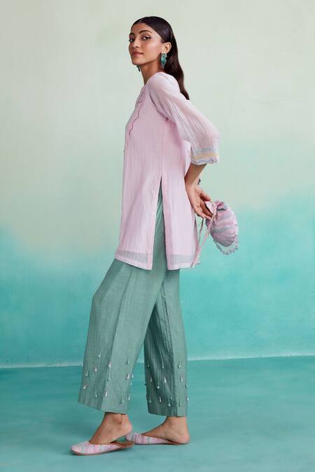 Buy The Right Cut Pink Chanderi Embroidery Split V-neck Roseglow Kurta And Trouser Set Online at Aza Fashions Buy_The Right Cut_Pink Chanderi Embroidery Split V-neck Roseglow Kurta And Trouser Set _Online_at_Aza_Fashions