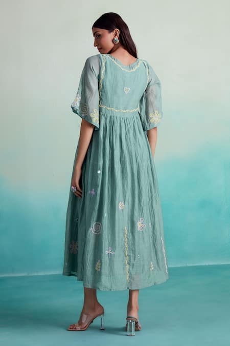 Shop The Right Cut Blue Chanderi Embroidery Boat Neck Enchantmint Hand Dress at Aza Fashions Shop_The Right Cut_Blue Chanderi Embroidery Boat Neck Enchantmint Hand Dress _at_Aza_Fashions