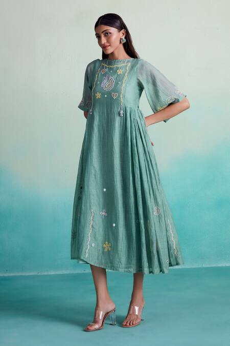 The Right Cut Blue Chanderi Embroidery Boat Neck Enchantmint Hand Dress Online at Aza Fashions The Right Cut_Blue Chanderi Embroidery Boat Neck Enchantmint Hand Dress _Online_at_Aza_Fashions