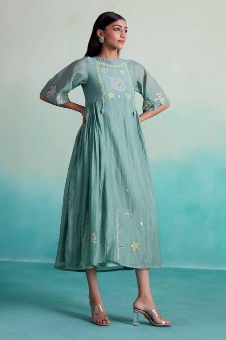Shop The Right Cut Blue Chanderi Embroidery Boat Neck Enchantmint Hand Dress Online at Aza Fashions Shop_The Right Cut_Blue Chanderi Embroidery Boat Neck Enchantmint Hand Dress _Online_at_Aza_Fashions