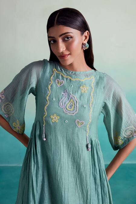 The Right Cut Blue Chanderi Embroidery Boat Neck Enchantmint Hand Dress at Aza Fashions The Right Cut_Blue Chanderi Embroidery Boat Neck Enchantmint Hand Dress _at_Aza_Fashions
