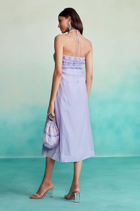 Shop The Right Cut Purple Chanderi Embroidery Halter Neck Ultraviolet Hand Heart Dress at Aza Fashions Shop_The Right Cut_Purple Chanderi Embroidery Halter Neck Ultraviolet Hand Heart Dress _at_Aza_Fashions