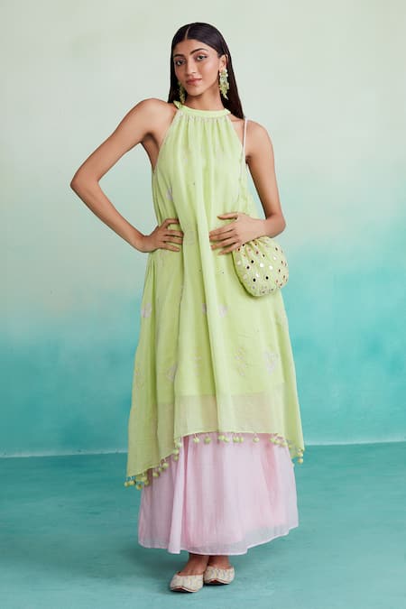 The Right Cut Limeade Chanderi Kurta & Skirt Set 