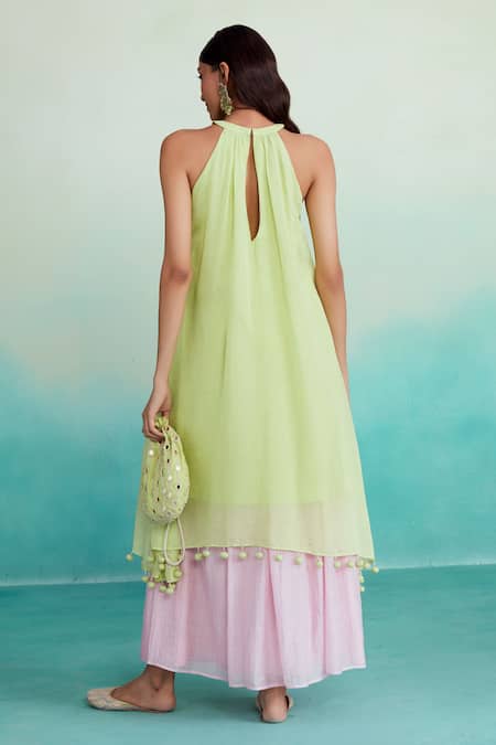 Shop_The Right Cut_Green Chanderi, Linen Tassels Round Neck Limeade Kurta And Skirt Set _at_Aza_Fashions