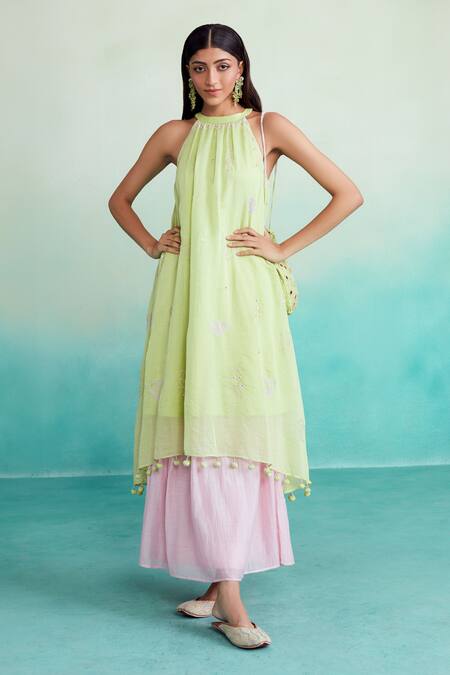 The Right Cut_Green Chanderi, Linen Tassels Round Neck Limeade Kurta And Skirt Set _Online_at_Aza_Fashions