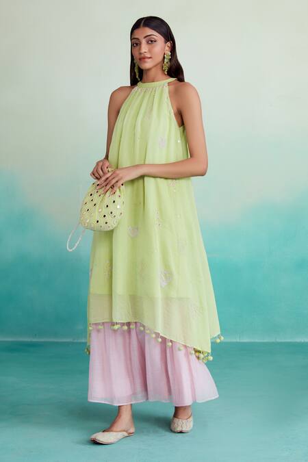Shop_The Right Cut_Green Chanderi, Linen Tassels Round Neck Limeade Kurta And Skirt Set _Online_at_Aza_Fashions