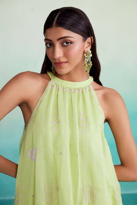 The Right Cut_Green Chanderi, Linen Tassels Round Neck Limeade Kurta And Skirt Set _at_Aza_Fashions