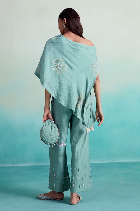 Shop The Right Cut Blue Chanderi, Linen Embroidery Off-shoulder Mintella Floral Top And Trouser Set at Aza Fashions Shop_The Right Cut_Blue Chanderi, Linen Embroidery Off-shoulder Mintella Floral Top And Trouser Set _at_Aza_Fashions