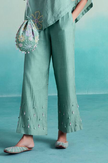 Buy The Right Cut Blue Chanderi, Linen Embroidery Off-shoulder Mintella Floral Top And Trouser Set Online at Aza Fashions Buy_The Right Cut_Blue Chanderi, Linen Embroidery Off-shoulder Mintella Floral Top And Trouser Set _Online_at_Aza_Fashions