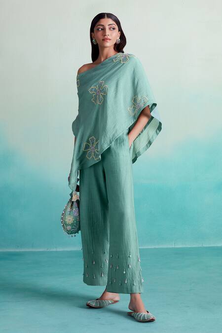 Shop The Right Cut Blue Chanderi, Linen Embroidery Off-shoulder Mintella Floral Top And Trouser Set Online at Aza Fashions Shop_The Right Cut_Blue Chanderi, Linen Embroidery Off-shoulder Mintella Floral Top And Trouser Set _Online_at_Aza_Fashions
