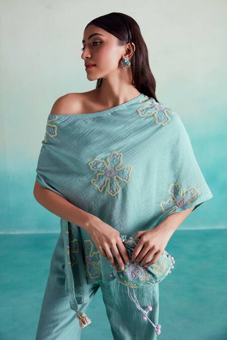 Buy The Right Cut Blue Chanderi, Linen Embroidery Off-shoulder Mintella Floral Top And Trouser Set Buy_The Right Cut_Blue Chanderi, Linen Embroidery Off-shoulder Mintella Floral Top And Trouser Set