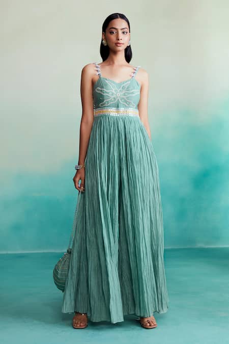 The Right Cut Blue Chanderi Tassels, Embroidery Sweetheart Neck Euphoria Hand Jumpsuit Online at Aza Fashions The Right Cut_Blue Chanderi Tassels, Embroidery Sweetheart Neck Euphoria Hand Jumpsuit _Online_at_Aza_Fashions