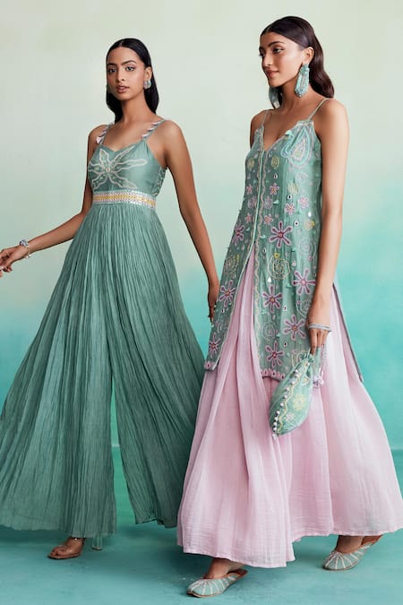 The Right Cut Blue Chanderi Tassels, Embroidery Sweetheart Neck Euphoria Hand Jumpsuit at Aza Fashions The Right Cut_Blue Chanderi Tassels, Embroidery Sweetheart Neck Euphoria Hand Jumpsuit _at_Aza_Fashions