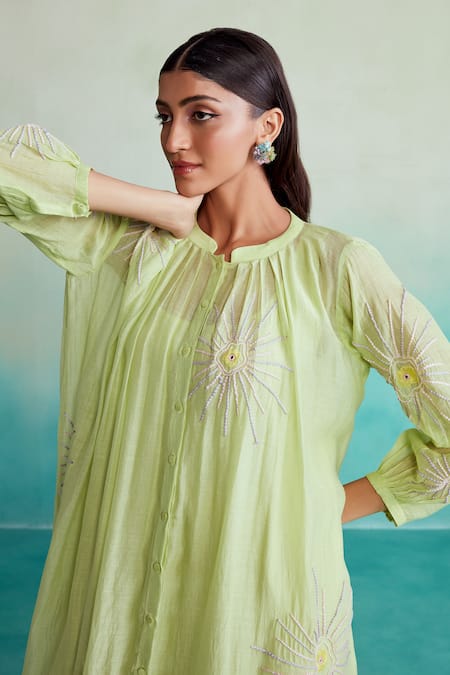 Shop The Right Cut Green Chanderi Embroidery Mandarin Collar Zesty Hand Dress Online at Aza Fashions Shop_The Right Cut_Green Chanderi Embroidery Mandarin Collar Zesty Hand Dress _Online_at_Aza_Fashions