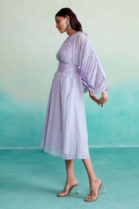 The Right Cut_Purple Chanderi Embroidery Round Neck Amethyst Dress With Belt _Online_at_Aza_Fashions