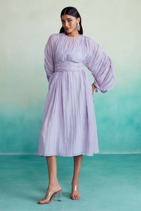 Buy_The Right Cut_Purple Chanderi Embroidery Round Neck Amethyst Dress With Belt _Online_at_Aza_Fashions