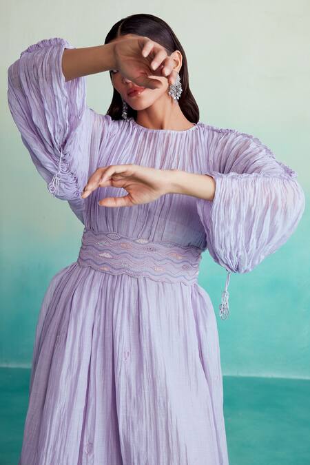 Shop_The Right Cut_Purple Chanderi Embroidery Round Neck Amethyst Dress With Belt _Online_at_Aza_Fashions