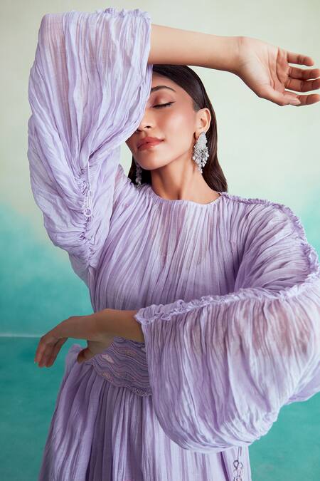 The Right Cut_Purple Chanderi Embroidery Round Neck Amethyst Dress With Belt _at_Aza_Fashions