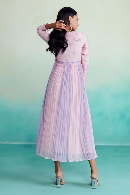 Shop The Right Cut Pink Chanderi Embroidery V-neck Petala Hand Dress at Aza Fashions Shop_The Right Cut_Pink Chanderi Embroidery V-neck Petala Hand Dress _at_Aza_Fashions