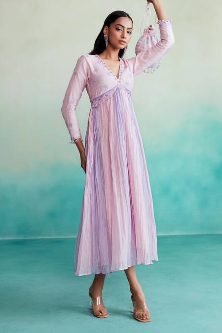 Buy The Right Cut Pink Chanderi Embroidery V-neck Petala Hand Dress Online at Aza Fashions Buy_The Right Cut_Pink Chanderi Embroidery V-neck Petala Hand Dress _Online_at_Aza_Fashions