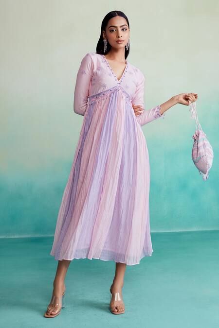 Shop The Right Cut Pink Chanderi Embroidery V-neck Petala Hand Dress Online at Aza Fashions Shop_The Right Cut_Pink Chanderi Embroidery V-neck Petala Hand Dress _Online_at_Aza_Fashions