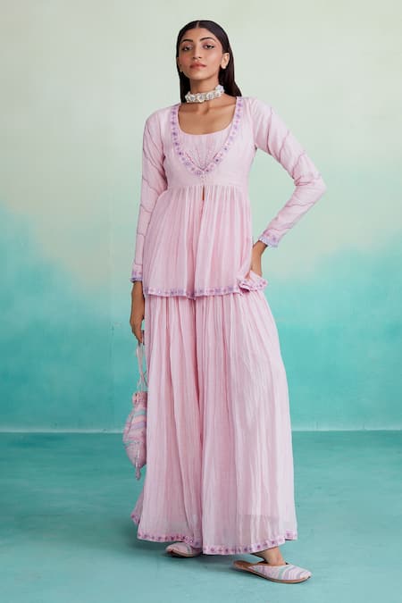 The Right Cut Pink Chanderi Embroidery Round Neck Rosalyn Peplum Top And Sharara Set 