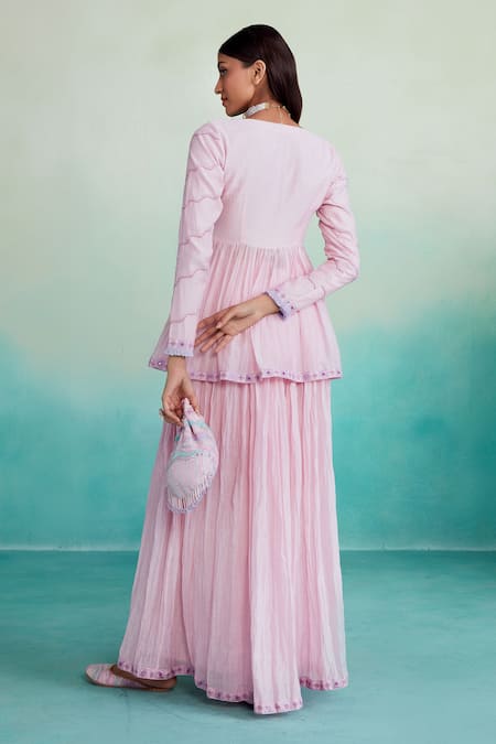 Shop The Right Cut Pink Chanderi Embroidery Round Neck Rosalyn Peplum Top And Sharara Set at Aza Fashions Shop_The Right Cut_Pink Chanderi Embroidery Round Neck Rosalyn Peplum Top And Sharara Set _at_Aza_Fashions