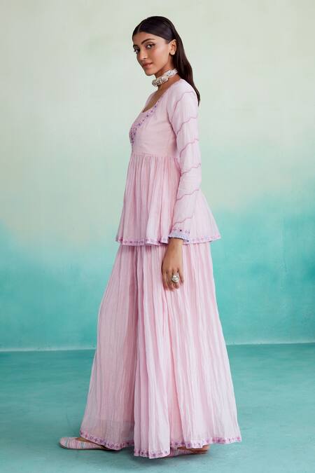 Buy The Right Cut Pink Chanderi Embroidery Round Neck Rosalyn Peplum Top And Sharara Set Online at Aza Fashions Buy_The Right Cut_Pink Chanderi Embroidery Round Neck Rosalyn Peplum Top And Sharara Set _Online_at_Aza_Fashions