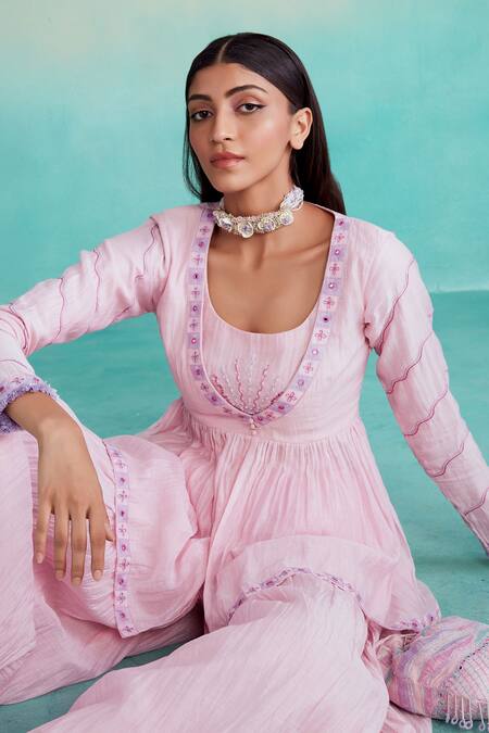 Shop The Right Cut Pink Chanderi Embroidery Round Neck Rosalyn Peplum Top And Sharara Set Online at Aza Fashions Shop_The Right Cut_Pink Chanderi Embroidery Round Neck Rosalyn Peplum Top And Sharara Set _Online_at_Aza_Fashions