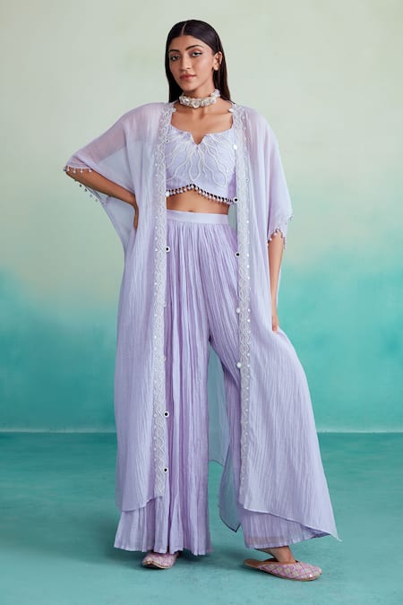 The Right Cut Purple Chanderi, Linen Embroidery, Mirrors Split Serenity Hand Cape Sharara Set 