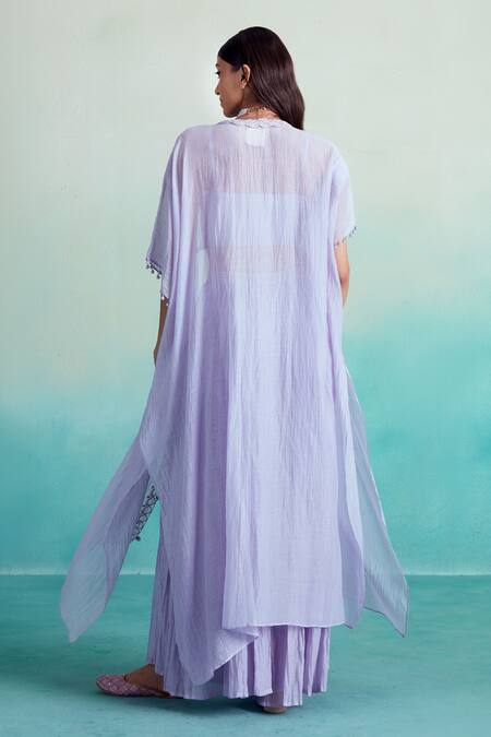 Shop_The Right Cut_Purple Chanderi, Linen Embroidery, Mirrors Split Serenity Hand Cape Sharara Set _at_Aza_Fashions