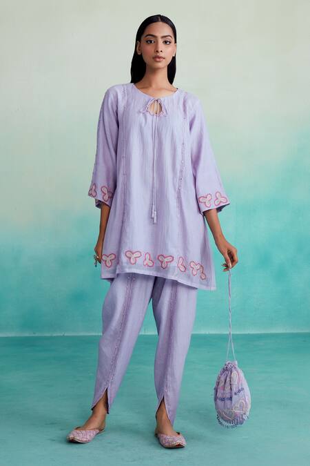 Buy The Right Cut Purple Chanderi Mirrors, Embroidery Round Ethereal Hand Kurta And Tulip Pant Set Online at Aza Fashions Buy_The Right Cut_Purple Chanderi Mirrors, Embroidery Round Ethereal Hand Kurta And Tulip Pant Set _Online_at_Aza_Fashions