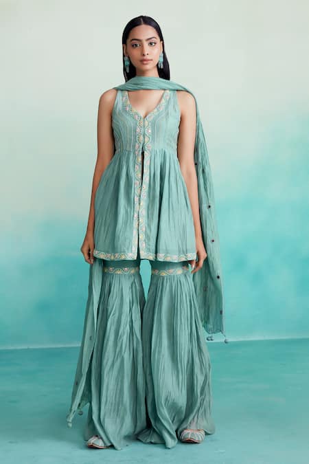 The Right Cut Green Chanderi Embroidery Keyhole Neck Aquamarine Hand Top Sharara Set 