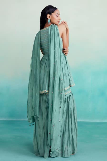 Shop The Right Cut Green Chanderi Embroidery Keyhole Neck Aquamarine Hand Top Sharara Set at Aza Fashions Shop_The Right Cut_Green Chanderi Embroidery Keyhole Neck Aquamarine Hand Top Sharara Set _at_Aza_Fashions