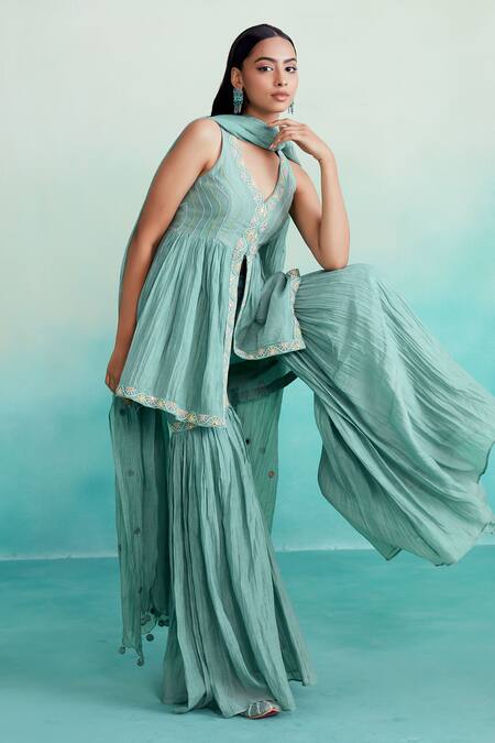 The Right Cut Green Chanderi Embroidery Keyhole Neck Aquamarine Hand Top Sharara Set Online at Aza Fashions The Right Cut_Green Chanderi Embroidery Keyhole Neck Aquamarine Hand Top Sharara Set _Online_at_Aza_Fashions