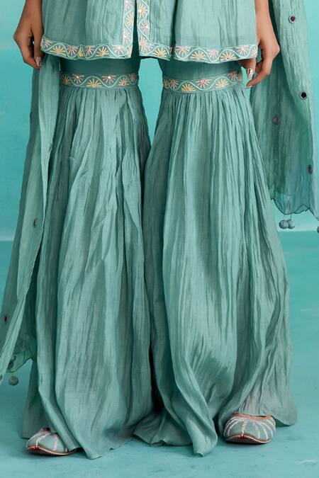Buy The Right Cut Green Chanderi Embroidery Keyhole Neck Aquamarine Hand Top Sharara Set Online at Aza Fashions Buy_The Right Cut_Green Chanderi Embroidery Keyhole Neck Aquamarine Hand Top Sharara Set _Online_at_Aza_Fashions