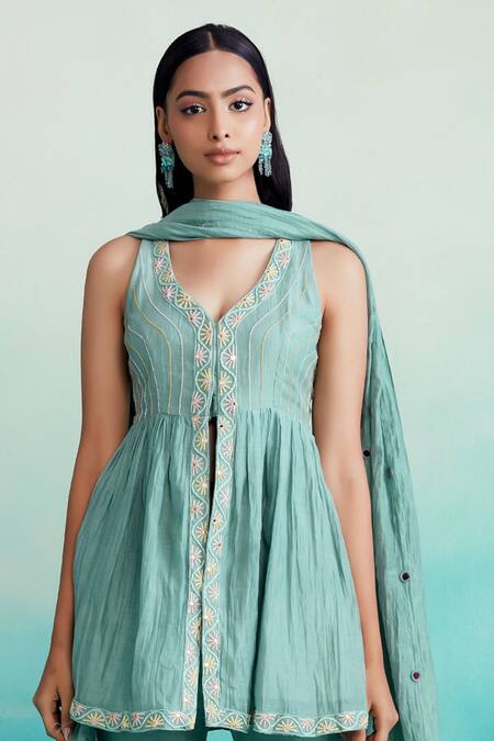 Shop The Right Cut Green Chanderi Embroidery Keyhole Neck Aquamarine Hand Top Sharara Set Online at Aza Fashions Shop_The Right Cut_Green Chanderi Embroidery Keyhole Neck Aquamarine Hand Top Sharara Set _Online_at_Aza_Fashions