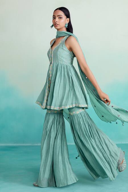 The Right Cut Green Chanderi Embroidery Keyhole Neck Aquamarine Hand Top Sharara Set at Aza Fashions The Right Cut_Green Chanderi Embroidery Keyhole Neck Aquamarine Hand Top Sharara Set _at_Aza_Fashions