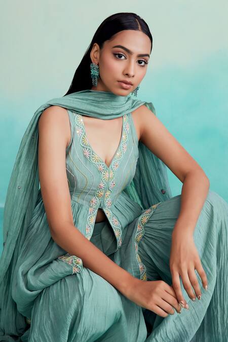 Buy The Right Cut Green Chanderi Embroidery Keyhole Neck Aquamarine Hand Top Sharara Set Buy_The Right Cut_Green Chanderi Embroidery Keyhole Neck Aquamarine Hand Top Sharara Set