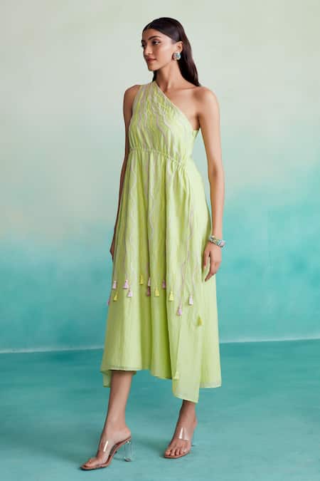 The Right Cut Green Chanderi Tassels One Shoulder Vividora Embroidered Dress 