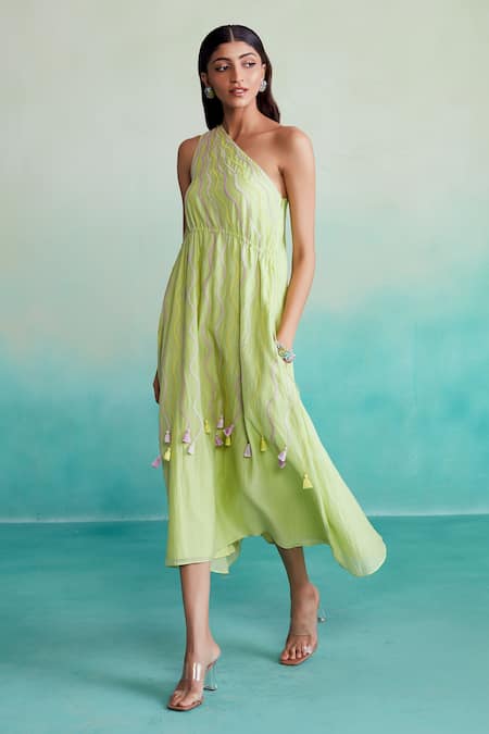 Shop The Right Cut Green Chanderi Tassels One Shoulder Vividora Embroidered Dress at Aza Fashions Shop_The Right Cut_Green Chanderi Tassels One Shoulder Vividora Embroidered Dress _at_Aza_Fashions