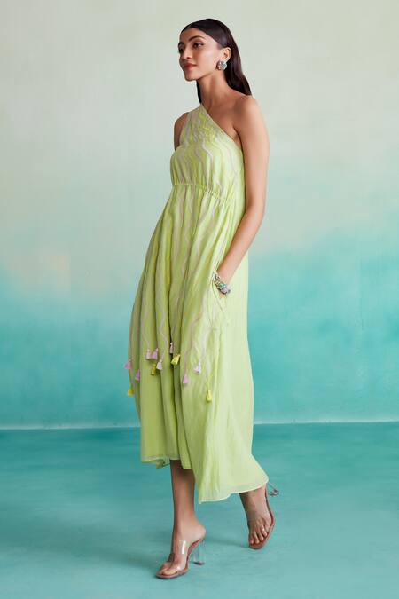 Buy The Right Cut Green Chanderi Tassels One Shoulder Vividora Embroidered Dress Online at Aza Fashions Buy_The Right Cut_Green Chanderi Tassels One Shoulder Vividora Embroidered Dress _Online_at_Aza_Fashions