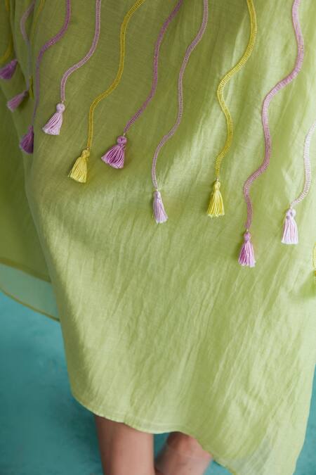 The Right Cut Green Chanderi Tassels One Shoulder Vividora Embroidered Dress at Aza Fashions The Right Cut_Green Chanderi Tassels One Shoulder Vividora Embroidered Dress _at_Aza_Fashions